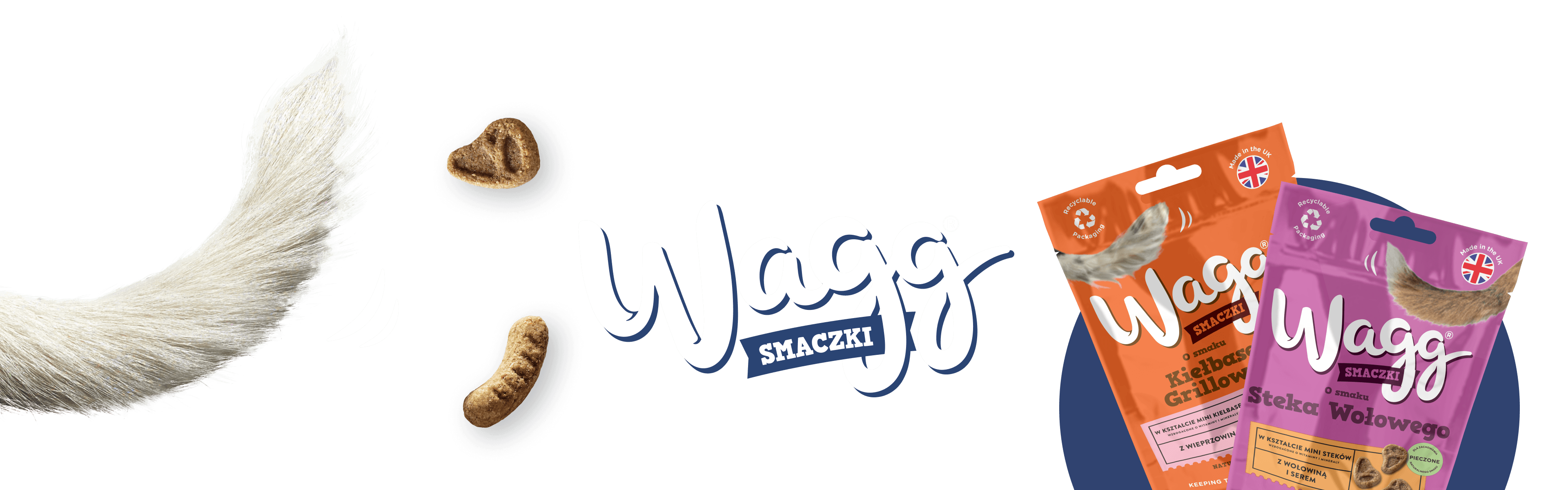 Opakowania smaczków Wagg o smaku kiełbasek grillowych i steka wołowego